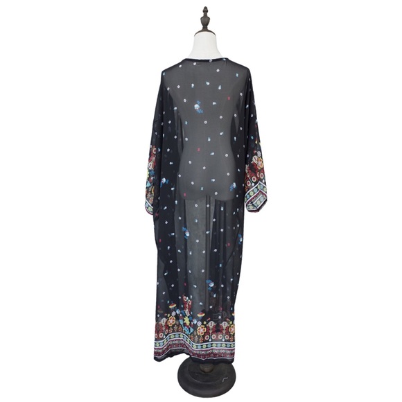 Boho Chic Black Floral Kimono Beach Coverup - Picture 13 of 16